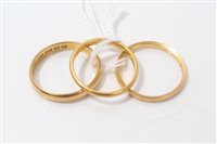 Lot 3290 - Three gold (22ct) wedding bands. Ring sizes O...