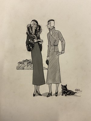 Lot 185 - Winifred McKenzie (1905-2001) pen and monochrome wash - two art deco fashion pictures, and another similar