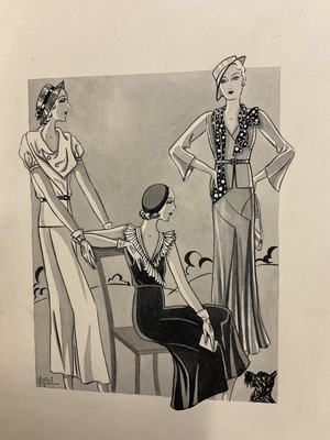 Lot 185 - Winifred McKenzie (1905-2001) pen and monochrome wash - two art deco fashion pictures, and another similar
