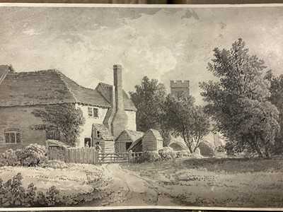Lot 186 - English School, early 19th century monochrome depiction of Aylesford near Maidstone, 18 x 29cm, three further various works on paper