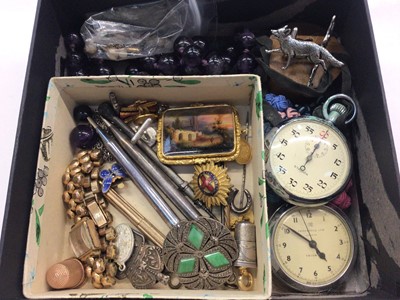 Lot 1043 - Mixed box of antique and other costume jewellery to include a miniature landscape picture in yellow metal frame, cufflinks, propelling pencils and bijouterie