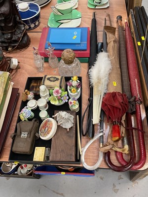 Lot 522 - Group of parasols and sundry items to include cut glass inkwell, ceramic ornaments and stamps.