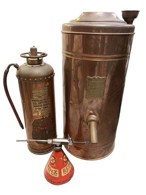 Lot 319 - Ewart's Victor Geyser copper hot water boiler, vintage copper fire extinguisher and a Redex oil can (3)