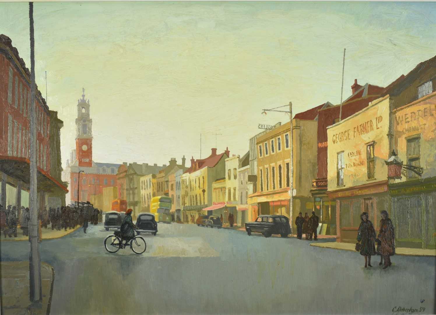 Lot 1348 - *Charles Debenham (b. 1933) oil on board - Colchester High Street, signed and dated ‘59, 54cm x 76cm, framed