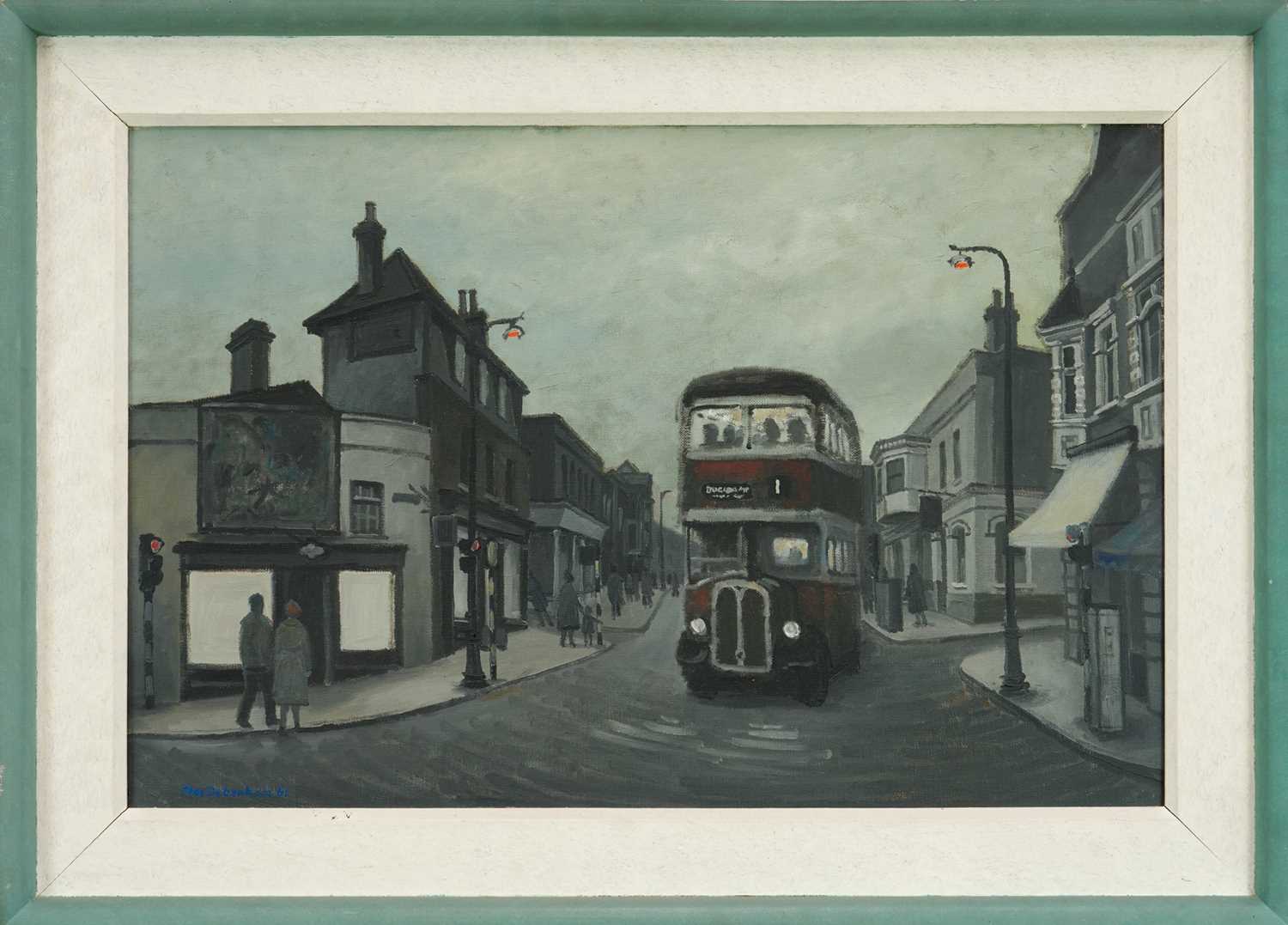 Lot 1349 - *Charles Debenham (b. 1933) oil on canvas - Night Bus, Head Street, Colchester, signed and dated ‘61, 51cm x 76cm, framed