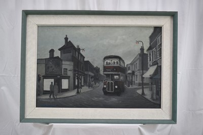 Lot 1349 - *Charles Debenham (b. 1933) oil on canvas - Night Bus, Head Street, Colchester, signed and dated ‘61, 51cm x 76cm, framed