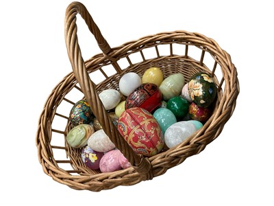 Lot 143 - Collection of ornamental eggs to include hardstone and paper maché