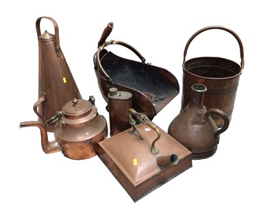 Lot 323 - Group of copper including a coal scuttle, bucket, large kettle, two warming pans etc