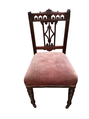 Lot 1208 - Set of six late Victorian walnut dining chairs with pierced splat backs and pink upholstered seats on turned front legs