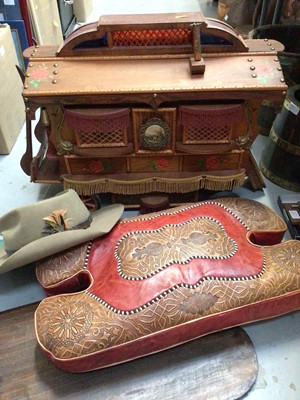 Lot 327 - Large wooden scratch built caravan, together with an embroidered leather cushion and an Australian Akubra 'Snowy River' hat