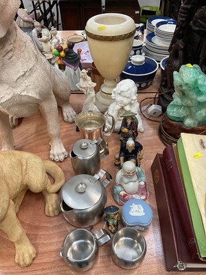 Lot 518 - Group of ceramics and other items to include Old Hall stainless steel teaset, Wedgwood trinket box and oriental figures.