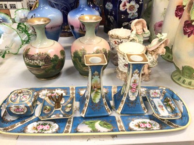 Lot 44 - Group of Victorian and later pairs of vases, large painted glass vase with cover, Noritake ceramic dressing table set, Coalport shell bowl and other decorative ceramics