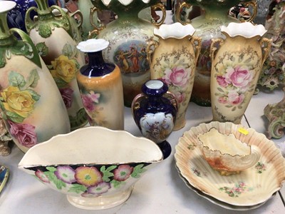 Lot 44 - Group of Victorian and later pairs of vases, large painted glass vase with cover, Noritake ceramic dressing table set, Coalport shell bowl and other decorative ceramics