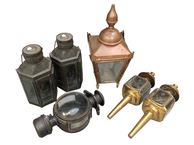 Lot 329 - Group of lanterns including a large copper electric lantern and a pair of Victorian style brass carriage  lanterns