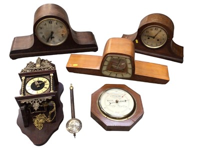 Lot 45 - Three 1930s mantle clocks, a wall clock and a Short & Mason London wall barometer (5)