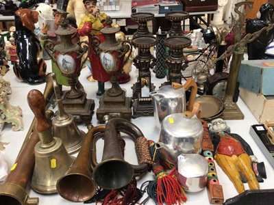 Lot 339 - Pair of clock garnitures, copper horns, two brass bells, other metal ware, Piquot three piece tea/coffee set and sundries