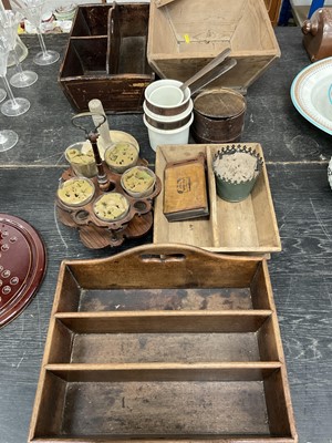 Lot 139 - Treen including cutlery tray, lignum vitae cruet stand, etc