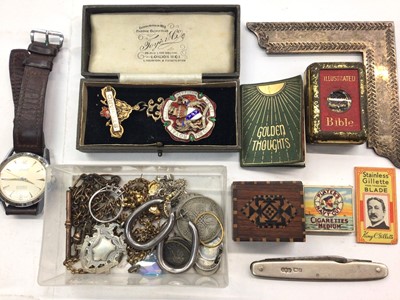 Lot 1072 - Silver gilt and enamel Masonic medal, silver penknife, silver fob, pair of silver hoop earrings, small group of jewellery, vintage Accurist wristwatch and other sundry items