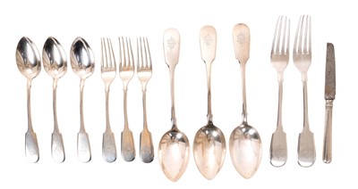 Lot 328 - Selection of early 20th century Russian silver "Fiddle " pattern flatware, with engraved monogram, including 2 dinner forks, 3 dessert forks, 3 dessert spoons and 3 table spoons, all stamped  BOLIN...