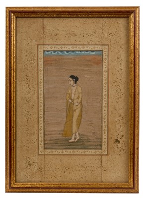 Lot 924 - 18th/19th century Indian gouache depiction of a young woman, in scroll and gold splash border, glazed frame, total size 31x 23cm