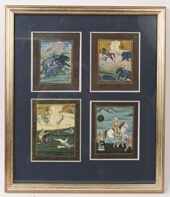 Lot 138 - Four miniature Indo-Persian gouache paintings on cloth, depicting hunting scenes, each 15 x 12cm, framed together in glazed frame