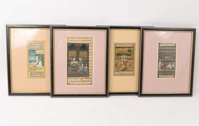 Lot 928 - Four antique Indo-Persian illuminated manuscript leaves, painted in gouache with figural scenes, all in confirming glazed gilt splash frames, total size 34 x 27cm