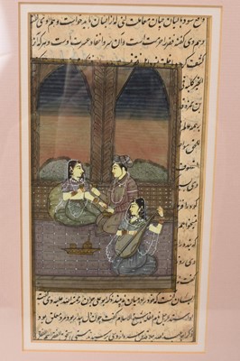 Lot 928 - Four antique Indo-Persian illuminated manuscript leaves, painted in gouache with figural scenes, all in confirming glazed gilt splash frames, total size 34 x 27cm