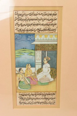 Lot 928 - Four antique Indo-Persian illuminated manuscript leaves, painted in gouache with figural scenes, all in confirming glazed gilt splash frames, total size 34 x 27cm