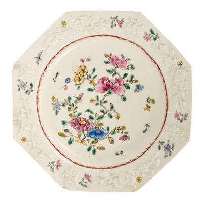 Lot 87 - Bow octagonal plate, painted in famille rose style, circa 1752