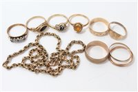 Lot 3303 - Eight gold (9ct) rings and a gold (9ct) chain