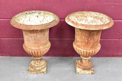 Lot 1277 - Pair of Victorian campana cast iron garden urns