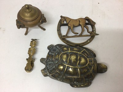 Lot 801 - Brass tortoise, a door knocker, a sovereign scales and a small vase and cover