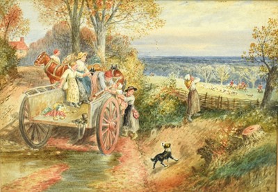 Lot 224 - Manner of Myles Birket Foster (1825-1899), watercolour - Family in a Wagon, the Hunt beyond, bears monogram, 19cm x 27cm, in glazed gilt frame