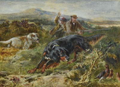 Lot 1073 - English School, 19th century, watercolour - Highland Shooting, indistinctly signed, 17cm x 24cm, in glazed gilt frame