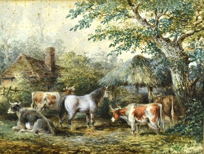 Lot 1087 - John Frederick Herring Jnr. (1815-1907) watercolour and bodycolour - Farmyard Friends, signed, 24.5cm x 32cm, in glazed gilt frame