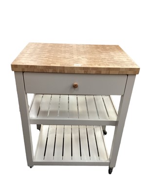 Lot 1247 - Contemporary kitchen chopping block unit/island with drawer and two shelves below on castors, 70cm wide, 50cm deep, 90cm high