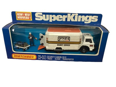 Lot 216 - Matchbox Super Kings diecast Security Truck, in window box No.K-19, plus loose Ford "H" Series Truck & Trailer K-21 & Ford "A" Series Cab & Trailer K-27 (3)