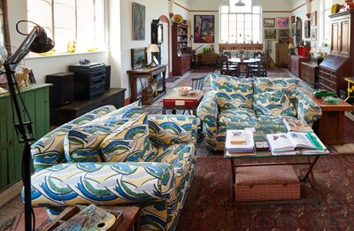 Lot 1523 - Modern three piece suite upholstered in 1913 design, Bloomsbury Group/Omega Workshop, fabric