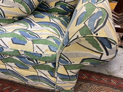 Lot 1523 - Modern three piece suite upholstered in 1913 design, Bloomsbury Group/Omega Workshop, fabric