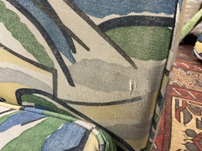 Lot 1523 - Modern three piece suite upholstered in 1913 design, Bloomsbury Group/Omega Workshop, fabric