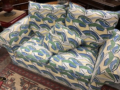 Lot 1523 - Modern three piece suite upholstered in 1913 design, Bloomsbury Group/Omega Workshop, fabric