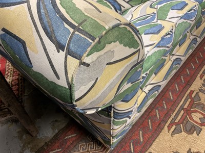 Lot 1523 - Modern three piece suite upholstered in 1913 design, Bloomsbury Group/Omega Workshop, fabric