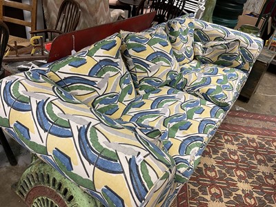 Lot 1523 - Modern three piece suite upholstered in 1913 design, Bloomsbury Group/Omega Workshop, fabric