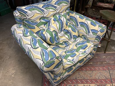 Lot 1523 - Modern three piece suite upholstered in 1913 design, Bloomsbury Group/Omega Workshop, fabric