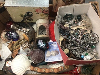 Lot 342 - Costume jewellery, two iridescent purple glass paperweights, one signed, various trinket boxes, perfume bottles and sundries (1 box)