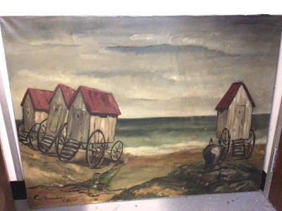 Lot 197 - English School, mid 20th century, oil on canvas - Bathing machines, signed and dated 1942, 74 x 101cm