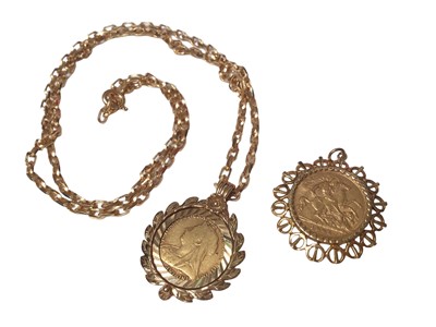 Lot 201 - Two gold half sovereigns, 1895 and 1908, both in 9ct gold pendant mounts and a 9ct gold chain