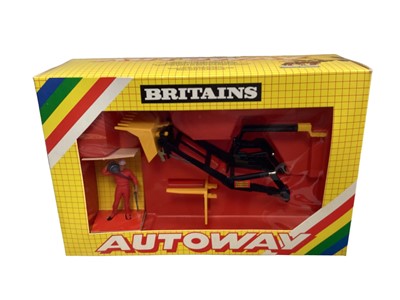Lot 31 - Britains Autoway Heavy Tipping Trailer No.9833, Safety trailer No.9845, Front Digger Attachment No.9834, Snowplough Attachment No.9839 & Compressor No.9840, all in yellow window boxes (5)