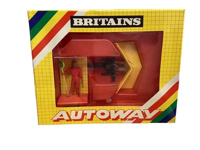 Lot 31 - Britains Autoway Heavy Tipping Trailer No.9833, Safety trailer No.9845, Front Digger Attachment No.9834, Snowplough Attachment No.9839 & Compressor No.9840, all in yellow window boxes (5)
