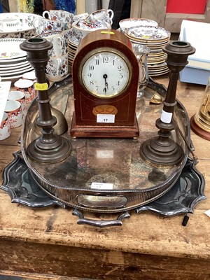 Lot 17 - Edwardian inlaid mantle clock, pair bronze candlesticks and lot plated ware